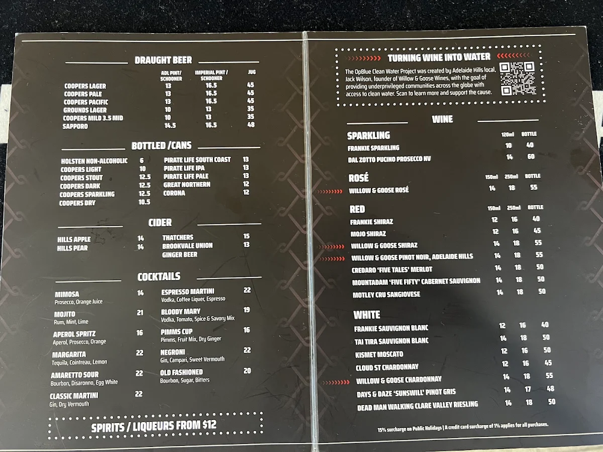 Menu, ADL Grounds Bar