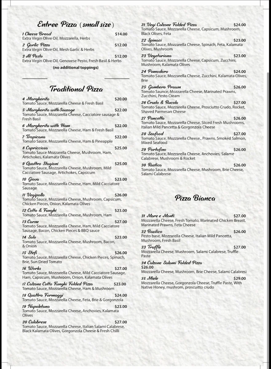 Menu, Solo Hill Pizza