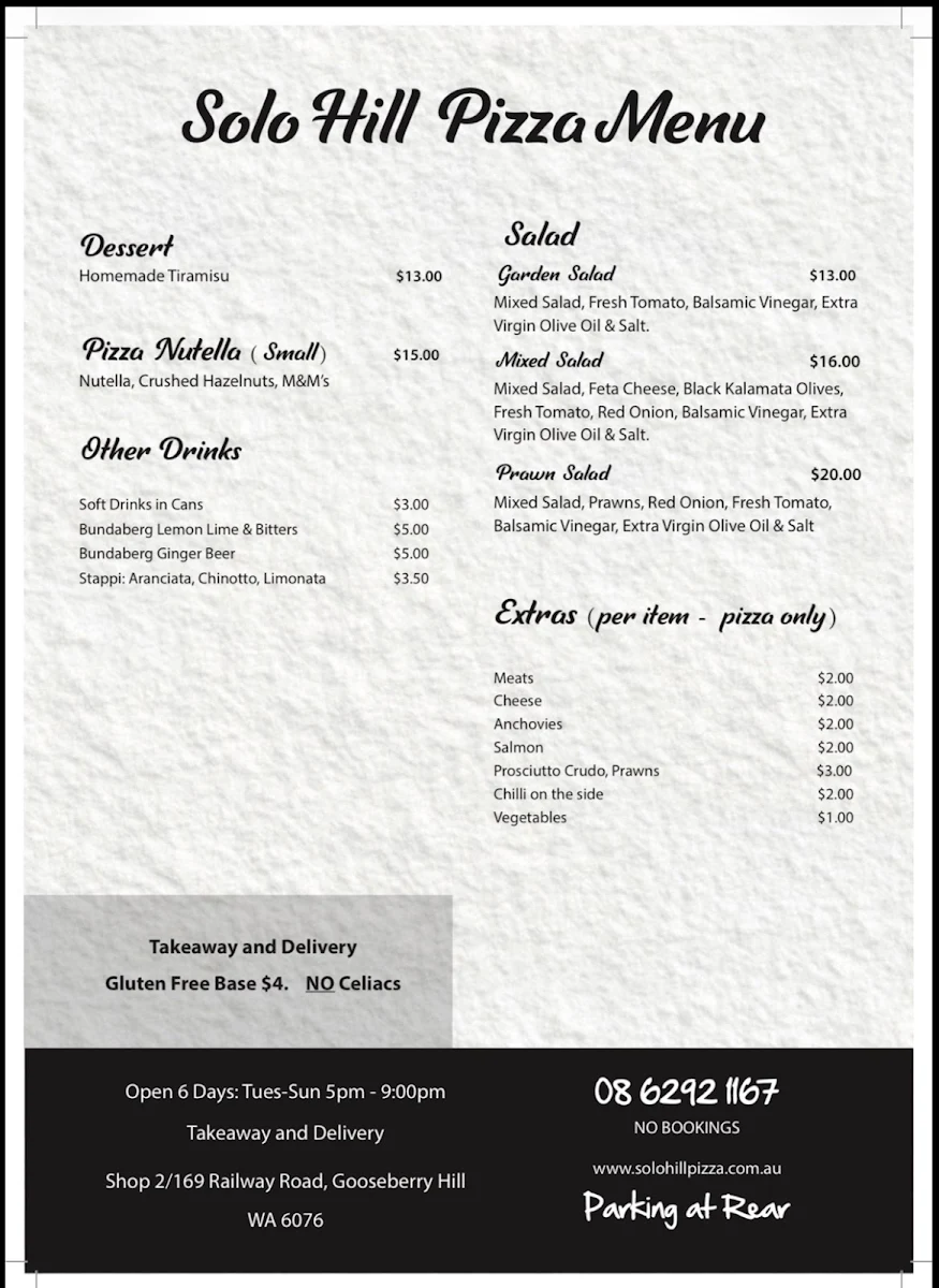 Menu, Solo Hill Pizza