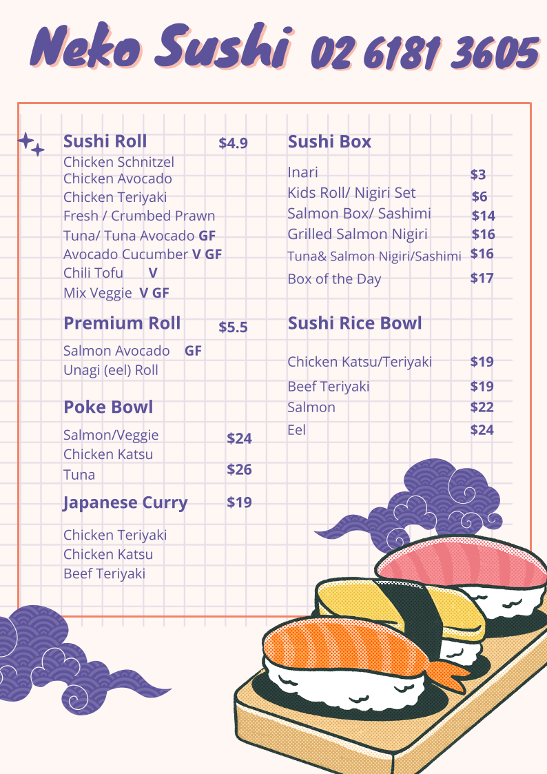 Menu, Neko Sushi Manuka