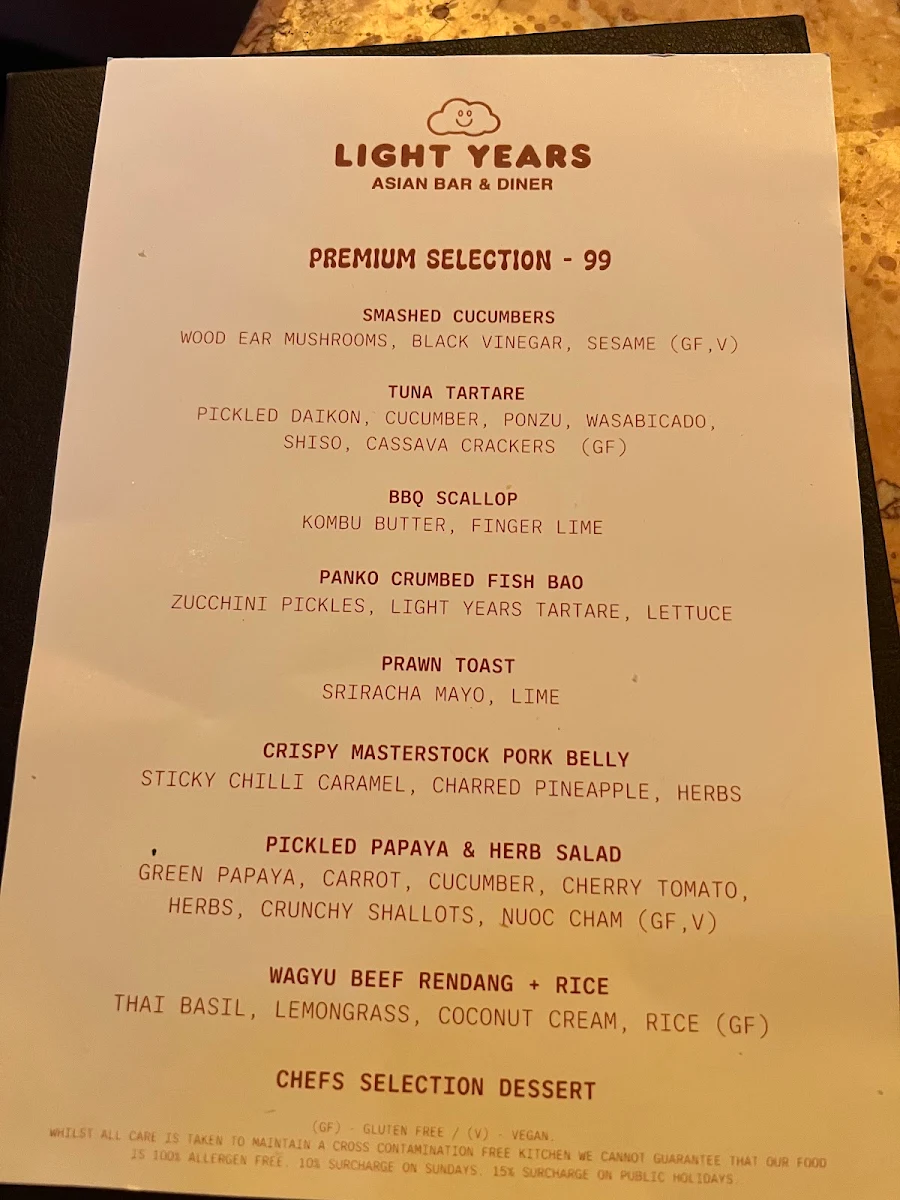 Menu, Light Years - Perth