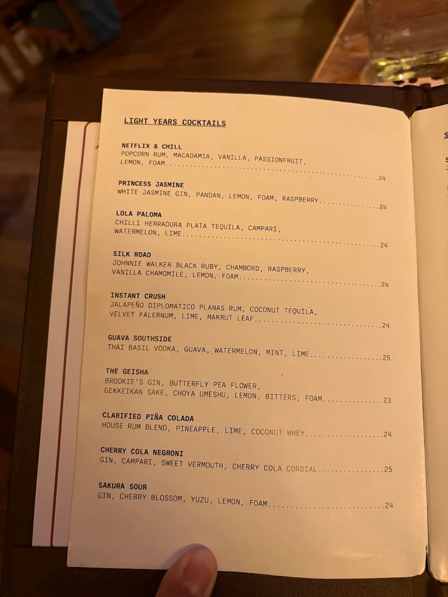 Menu, Light Years - Perth