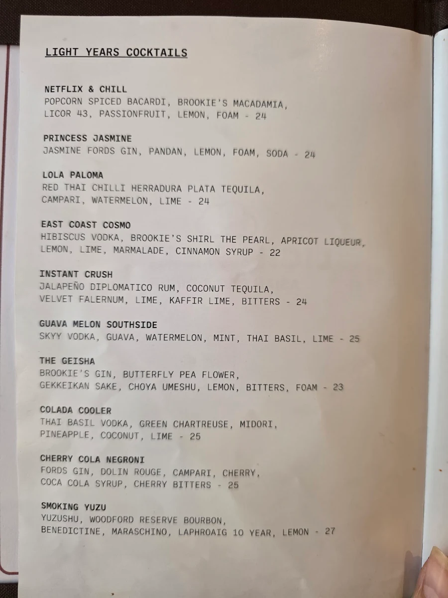 Menu, Light Years - Perth