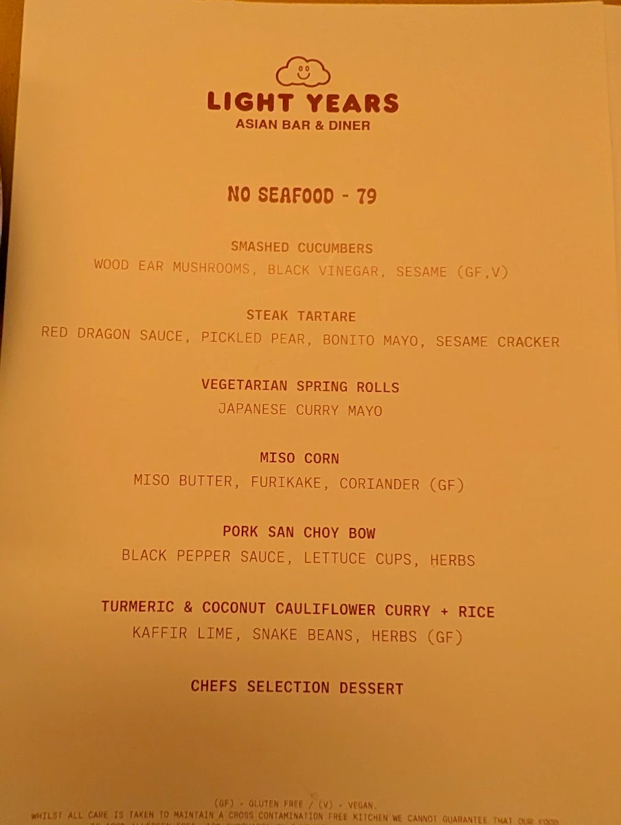 Menu, Light Years - Perth
