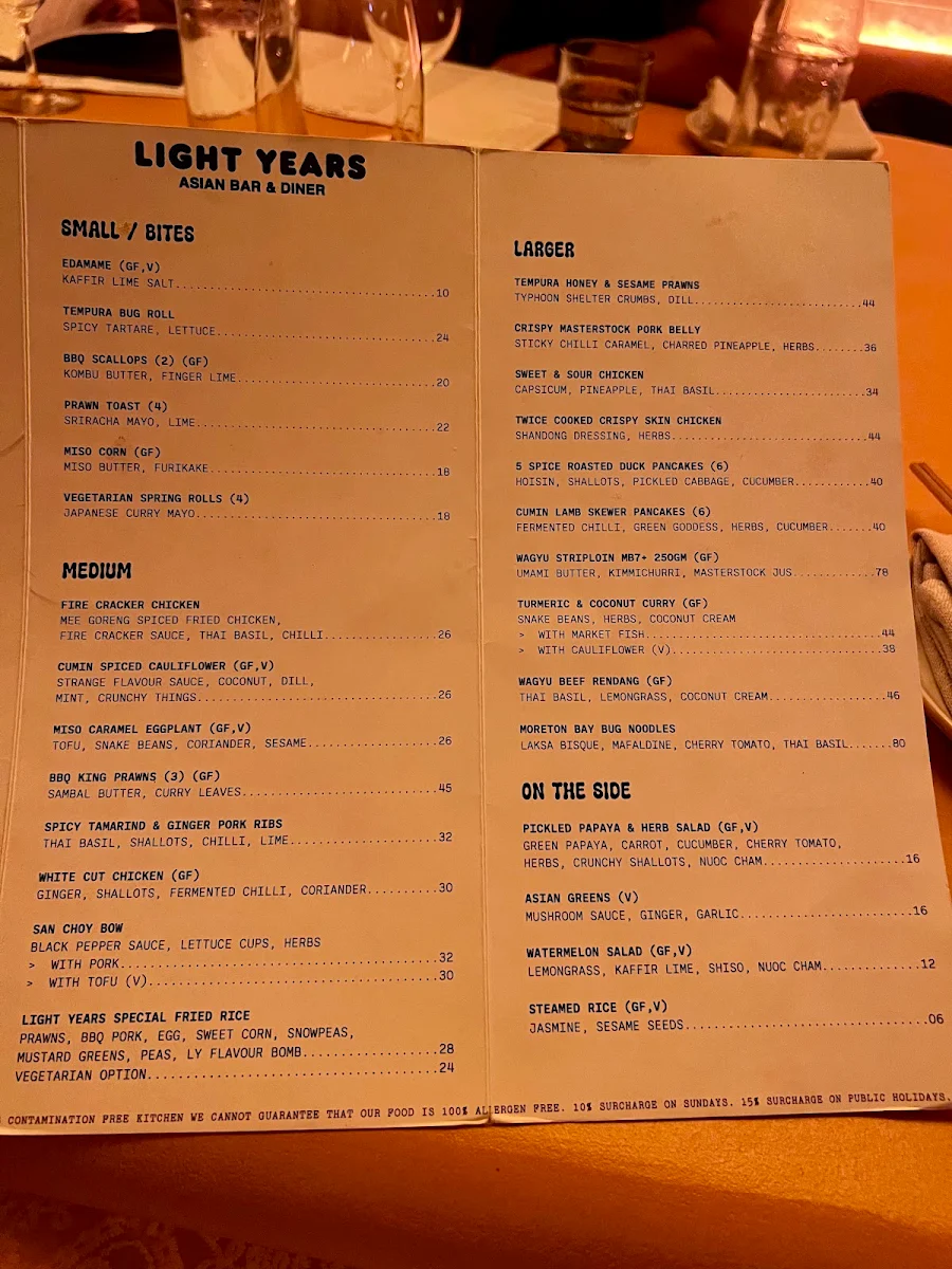 Menu, Light Years - Perth