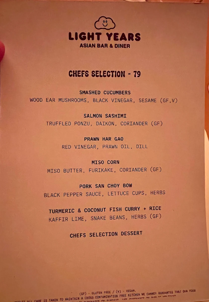 Menu, Light Years - Perth