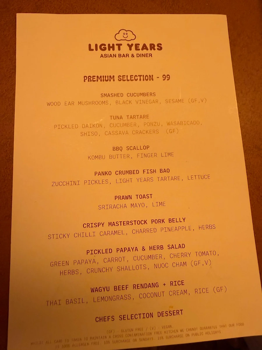 Menu, Light Years - Perth