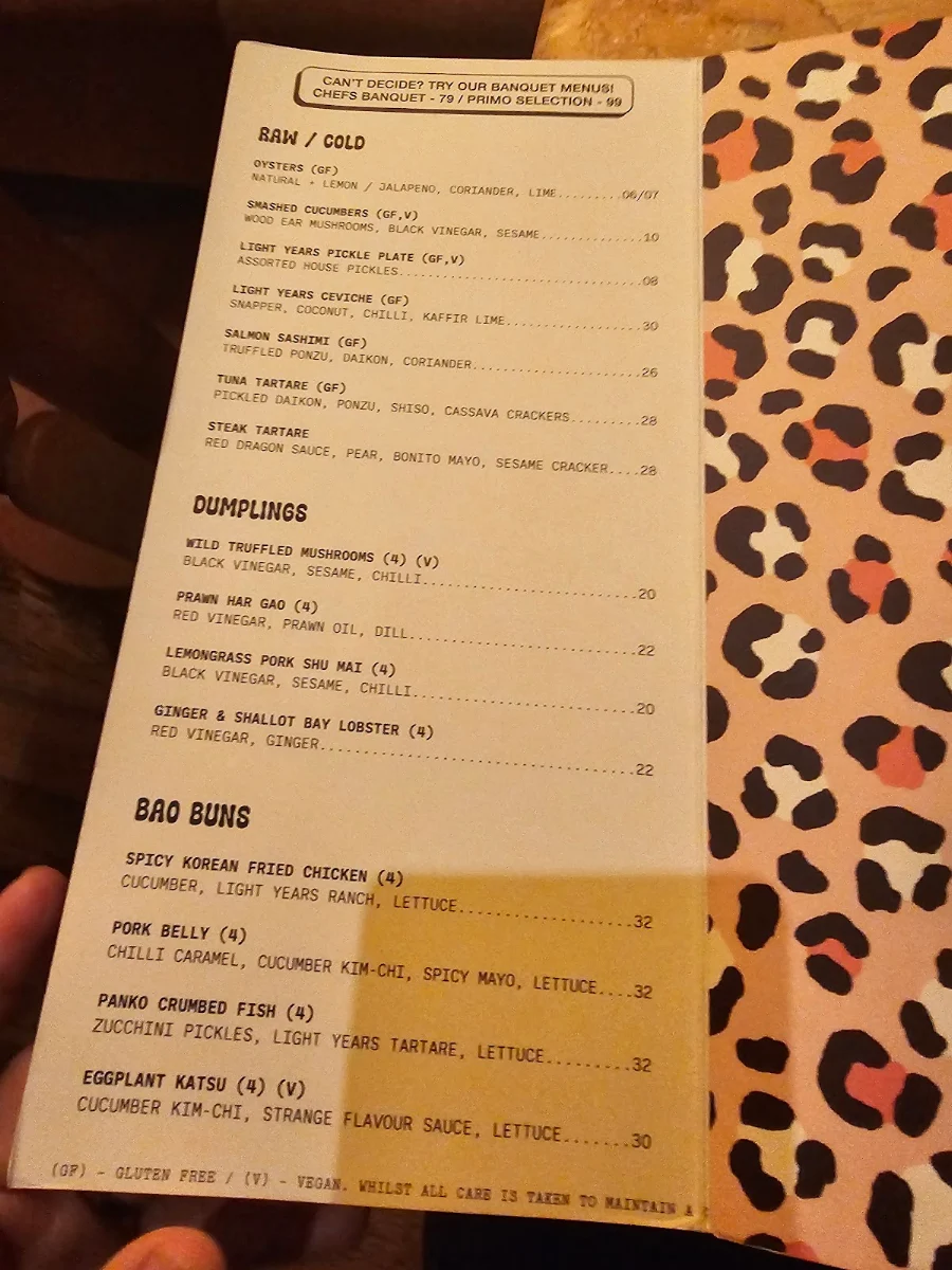 Menu, Light Years - Perth