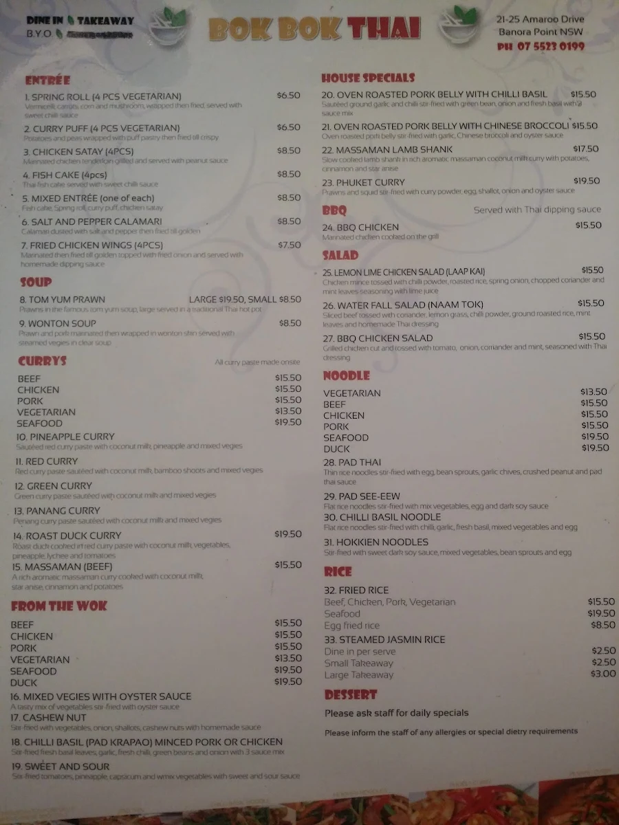 Menu, Bok Bok Thai