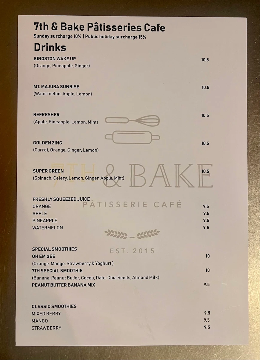 Menu, 7th and bake patisserie cafe