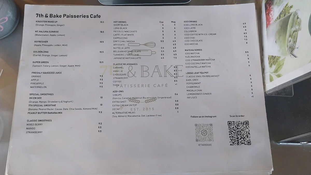 Menu, 7th and bake patisserie cafe