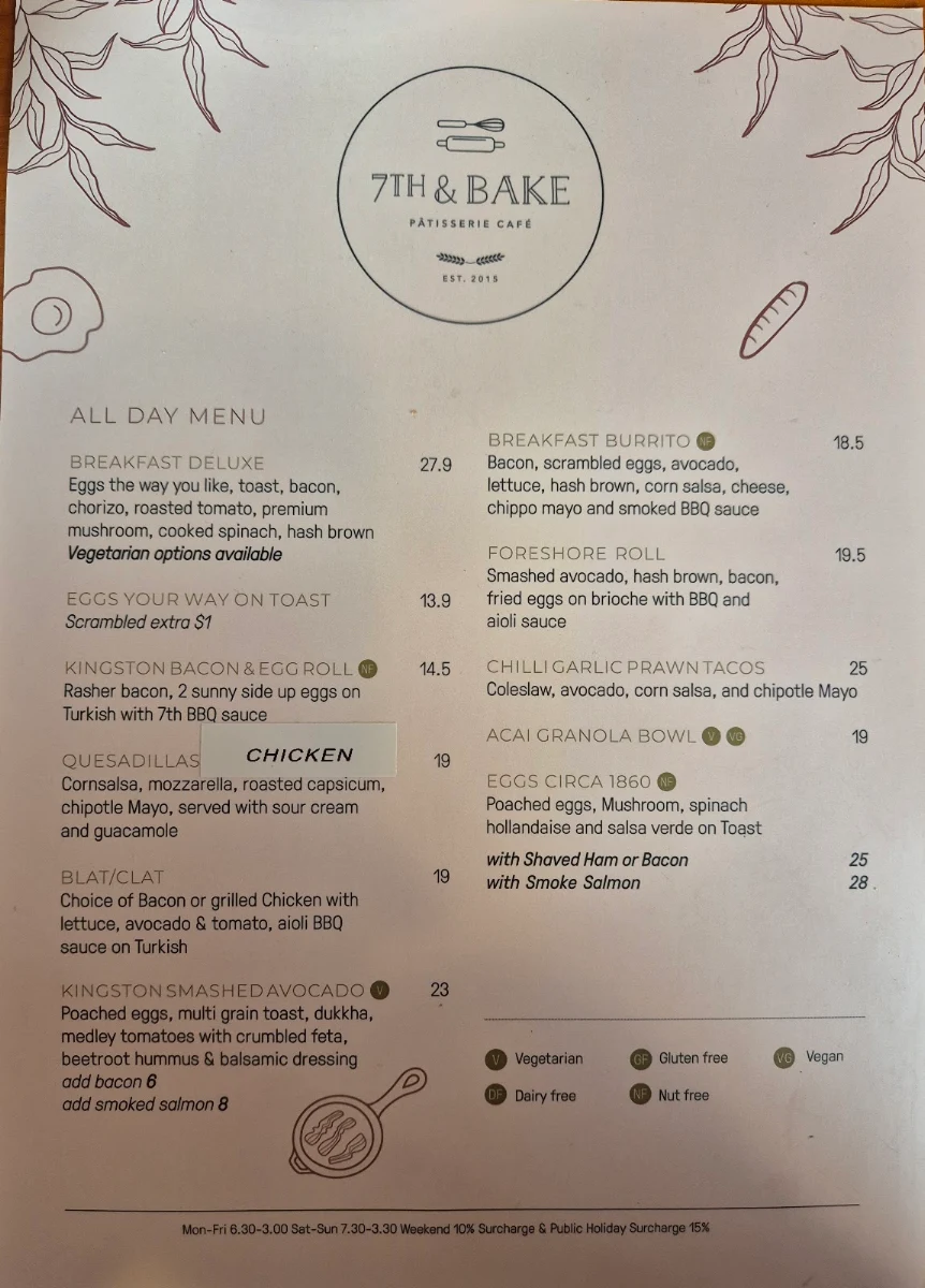 Menu, 7th and bake patisserie cafe