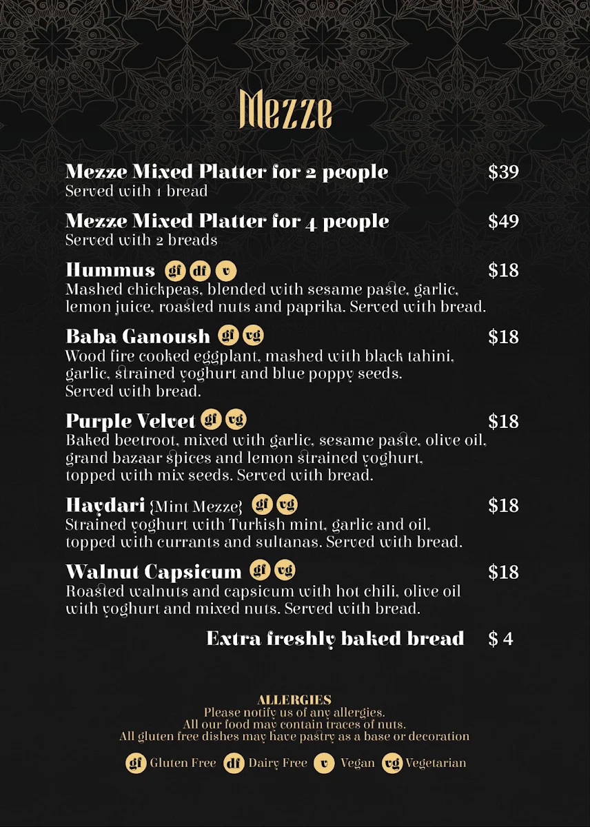 Menu, Pera Palace Ottoman