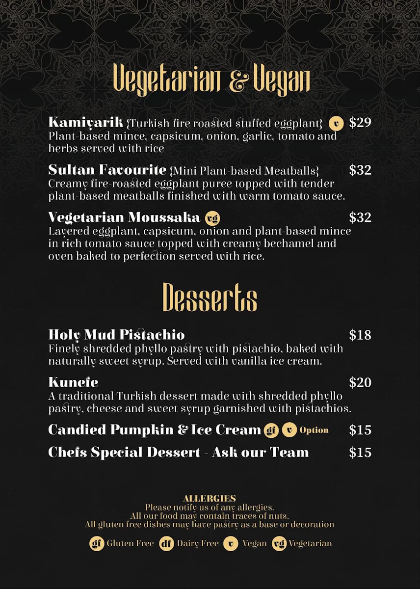 Menu, Pera Palace Ottoman
