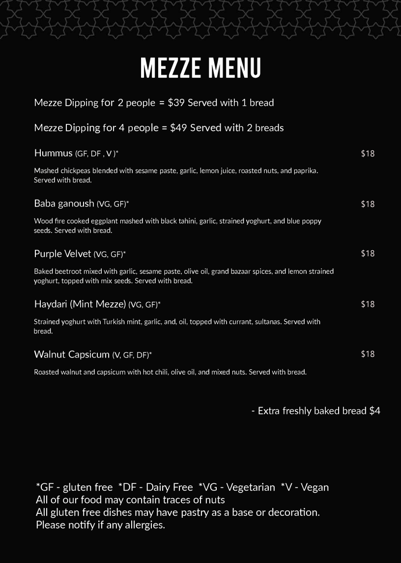 Menu, Pera Palace Ottoman