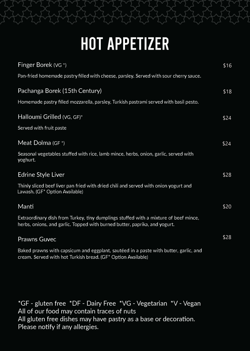 Menu, Pera Palace Ottoman