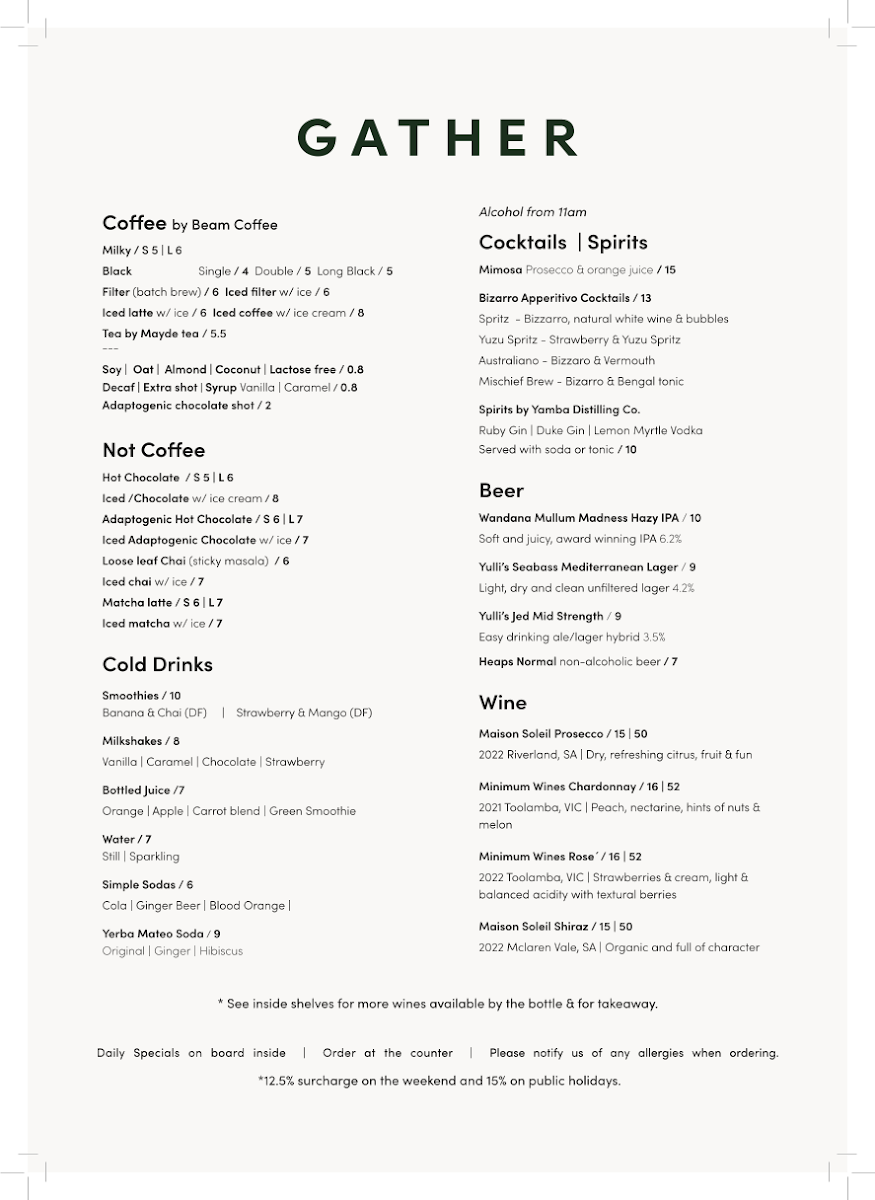 Menu, Gather Yamba