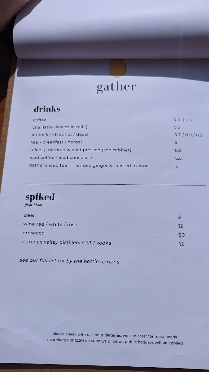Menu, Gather Yamba