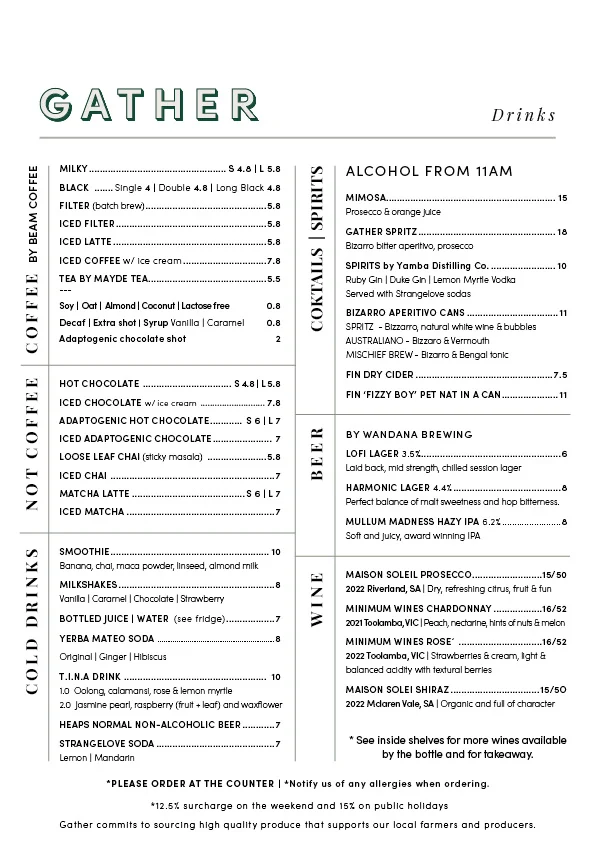 Menu, Gather Yamba