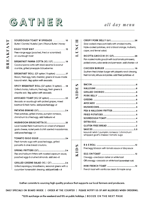 Menu, Gather Yamba