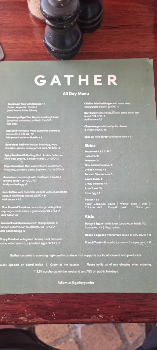 Menu, Gather Yamba