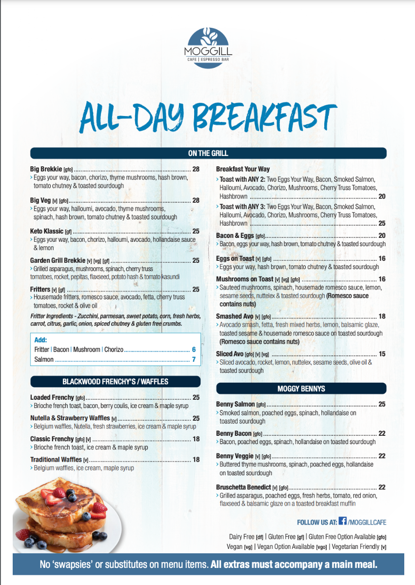 Menu, Moggill Cafe & Espresso Bar