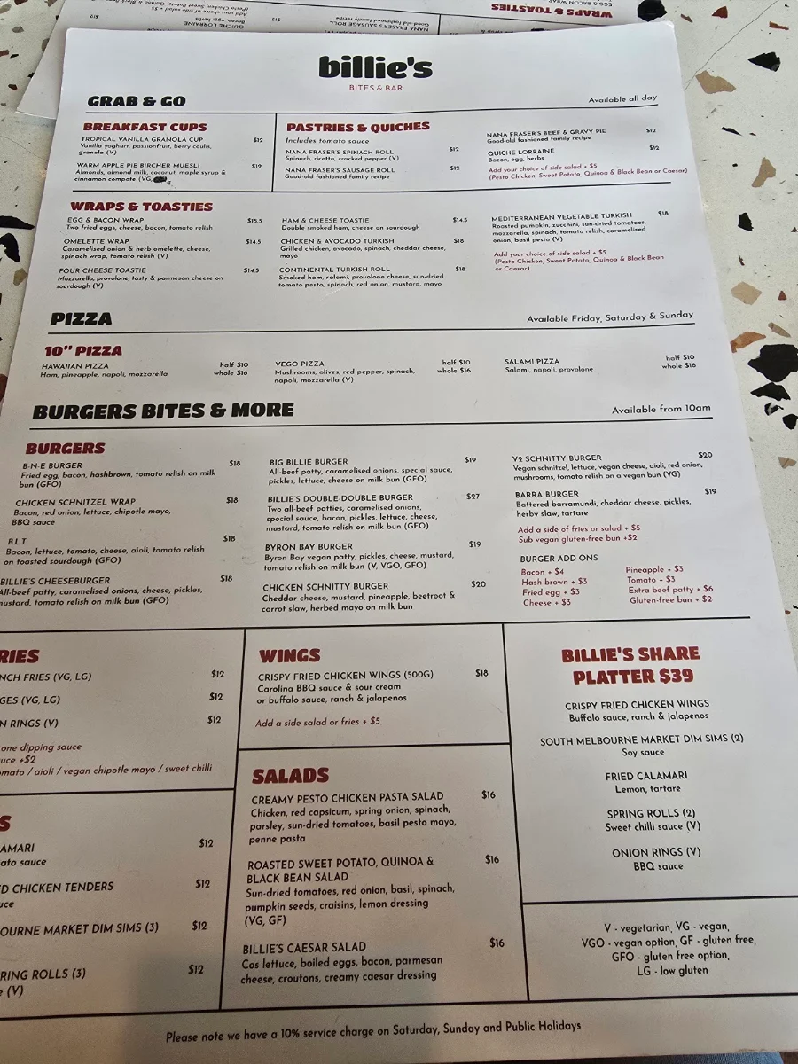 Menu, Billie's Bites & Bar