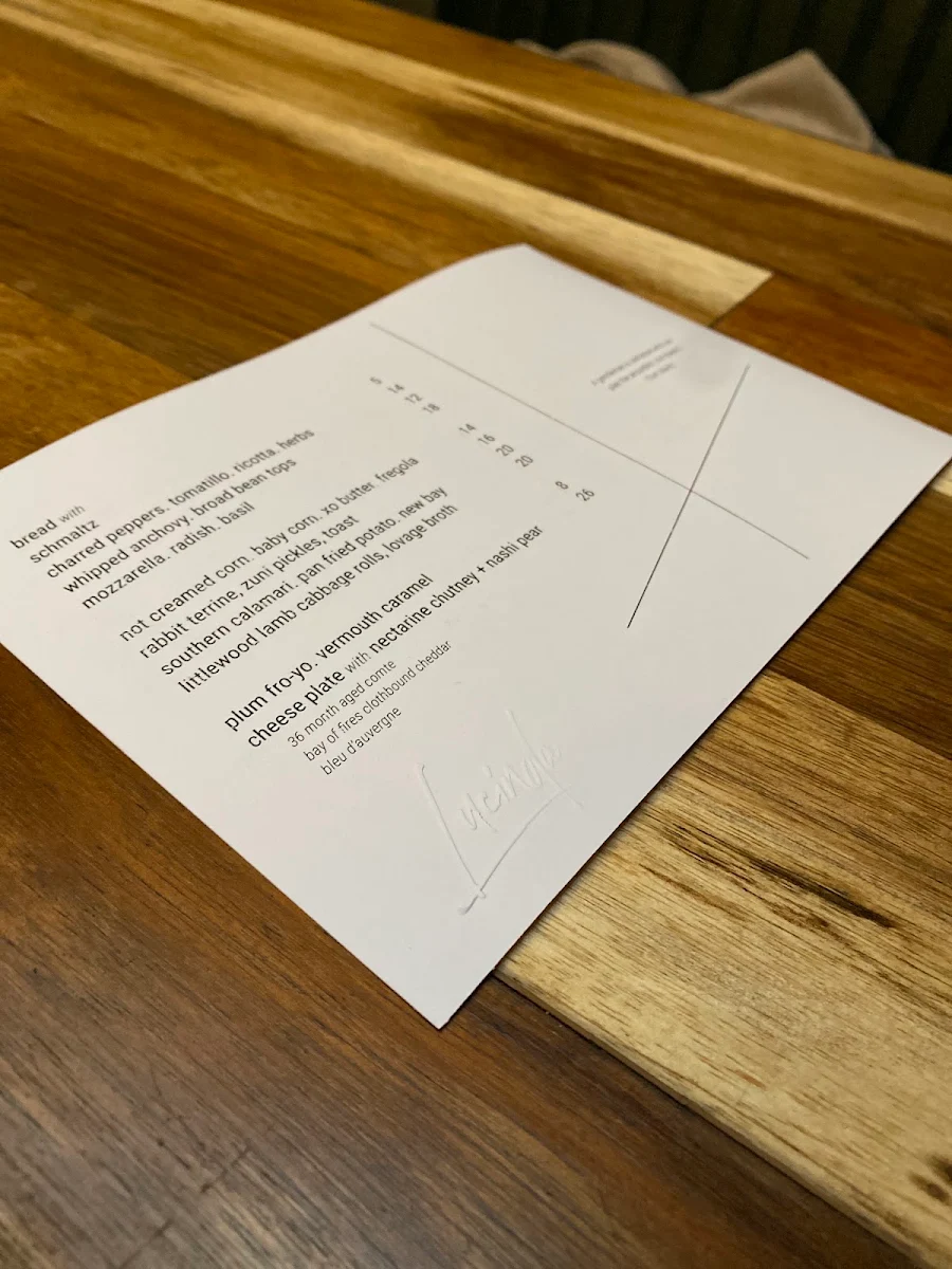 Menu, Lucinda Wine Bar