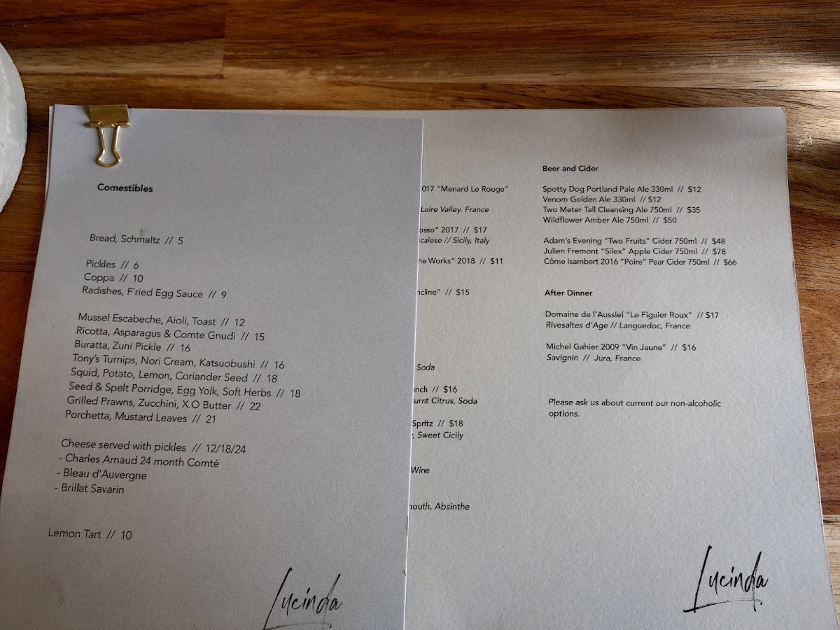 Menu, Lucinda Wine Bar
