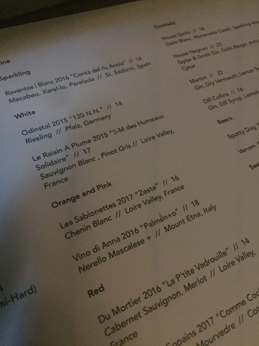 Menu, Lucinda Wine Bar