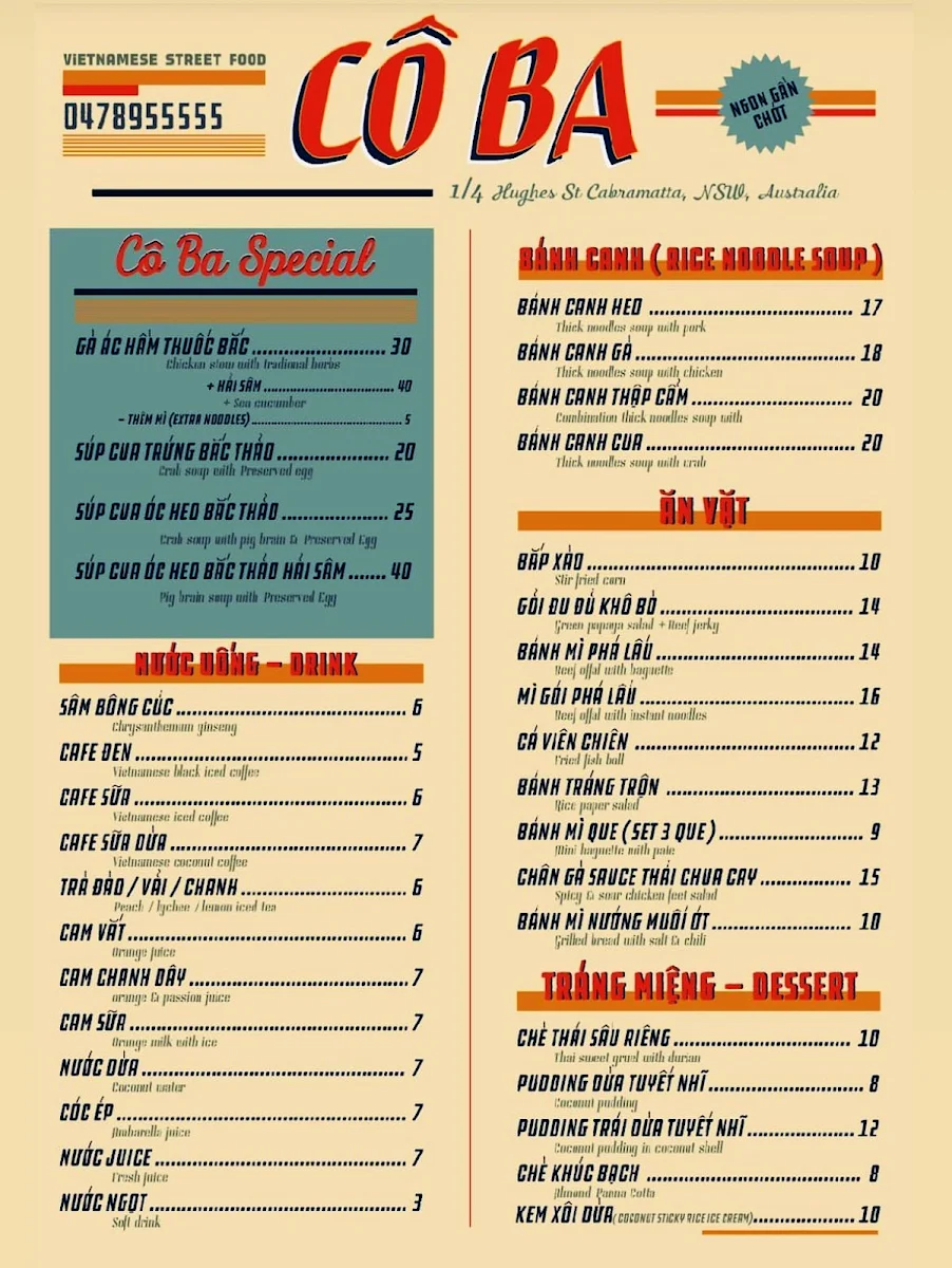 Menu, Cô Ba Cabramatta