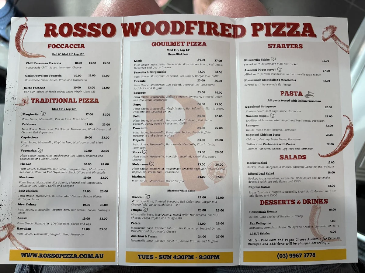 Menu, Rosso Woodfired Pizza