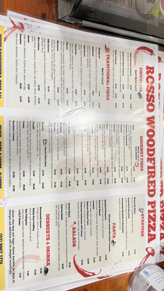 Menu, Rosso Woodfired Pizza