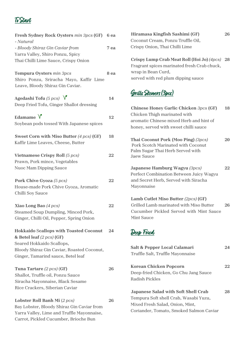 Menu, Tara Far East Dining & Bar