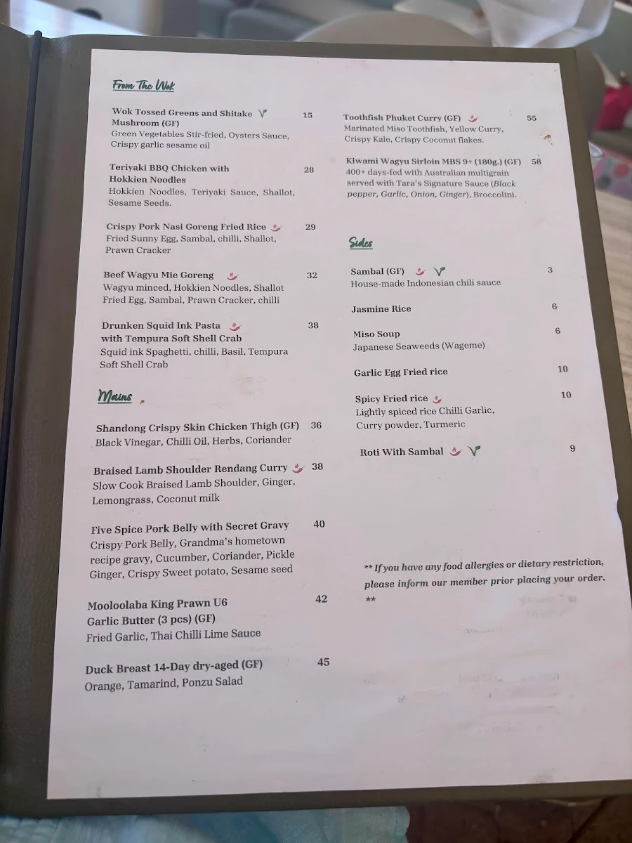 Menu, Tara Far East Dining & Bar