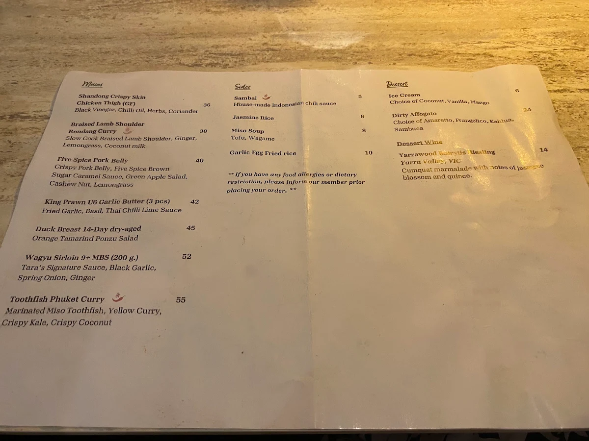 Menu, Tara Far East Dining & Bar