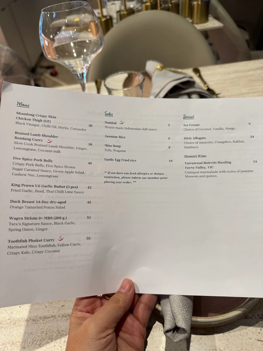 Menu, Tara Far East Dining & Bar