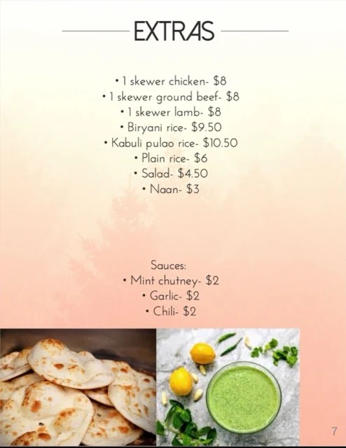 Menu, Nad's Afghan Kebab House
