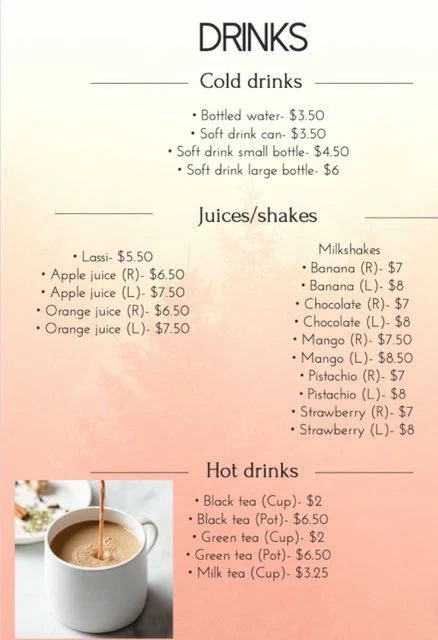 Menu, Nad's Afghan Kebab House