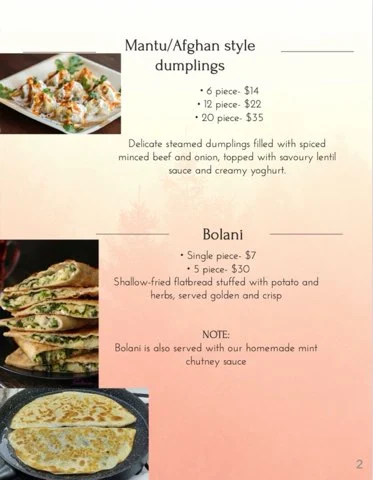 Menu, Nad's Afghan Kebab House