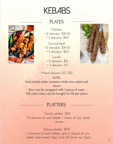 Menu, Nad's Afghan Kebab House
