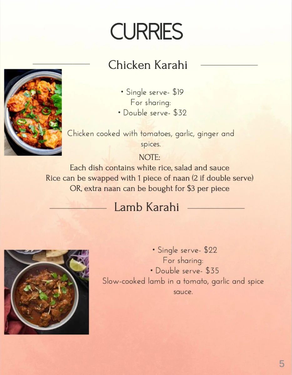 Menu, Nad's Afghan Kebab House