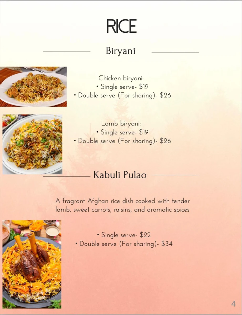 Menu, Nad's Afghan Kebab House