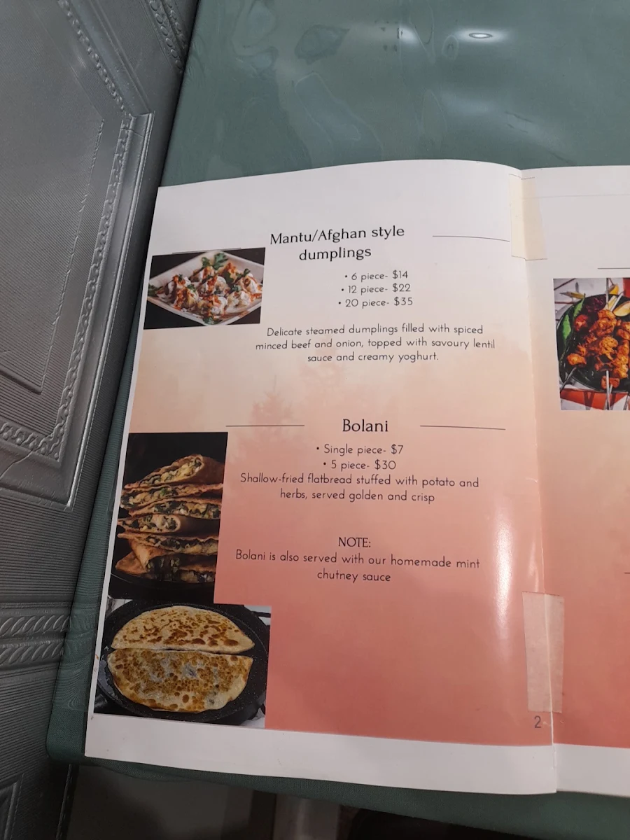 Menu, Nad's Afghan Kebab House