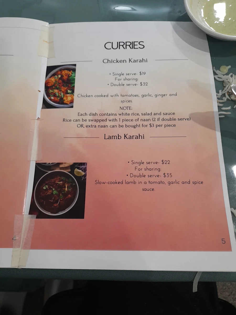 Menu, Nad's Afghan Kebab House