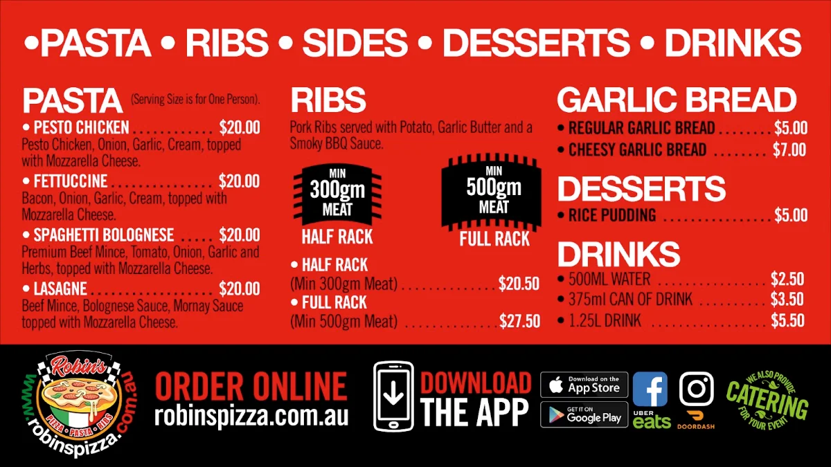 Menu, Robins Pizza, Pasta & Ribs