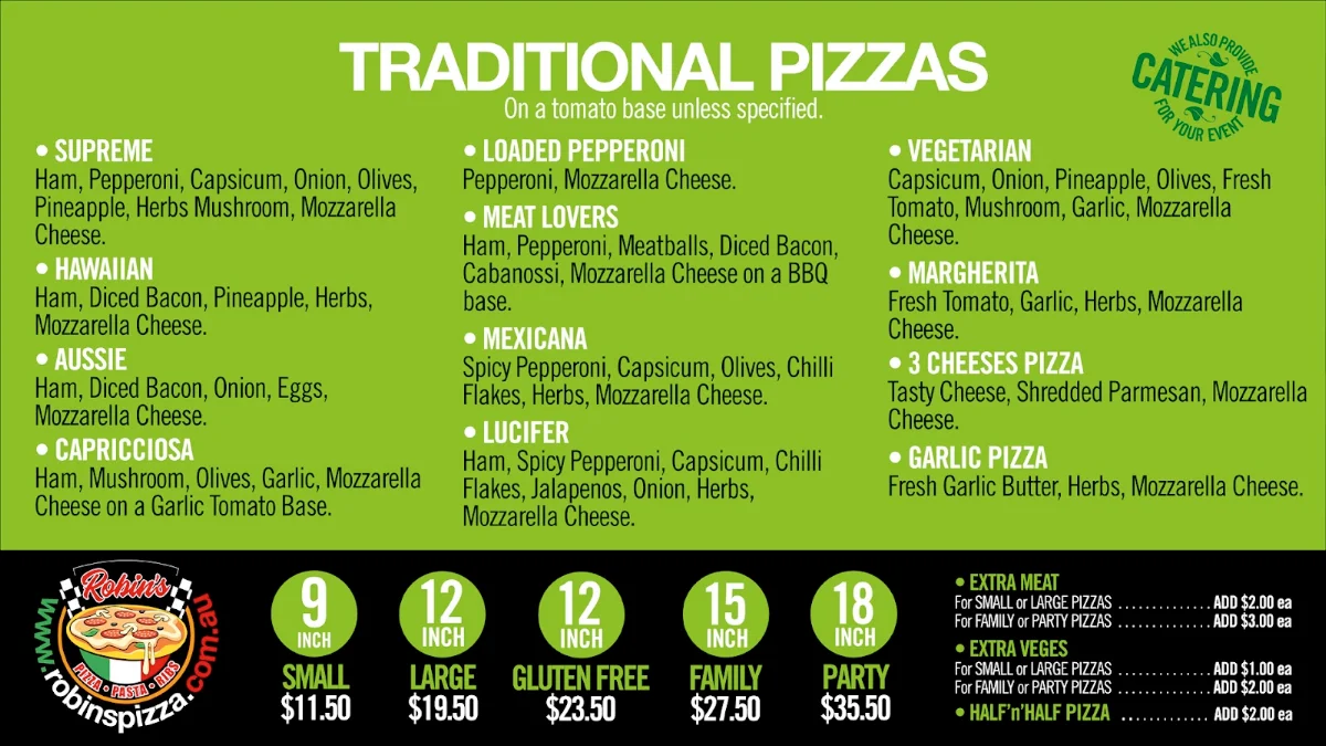 Menu, Robins Pizza, Pasta & Ribs