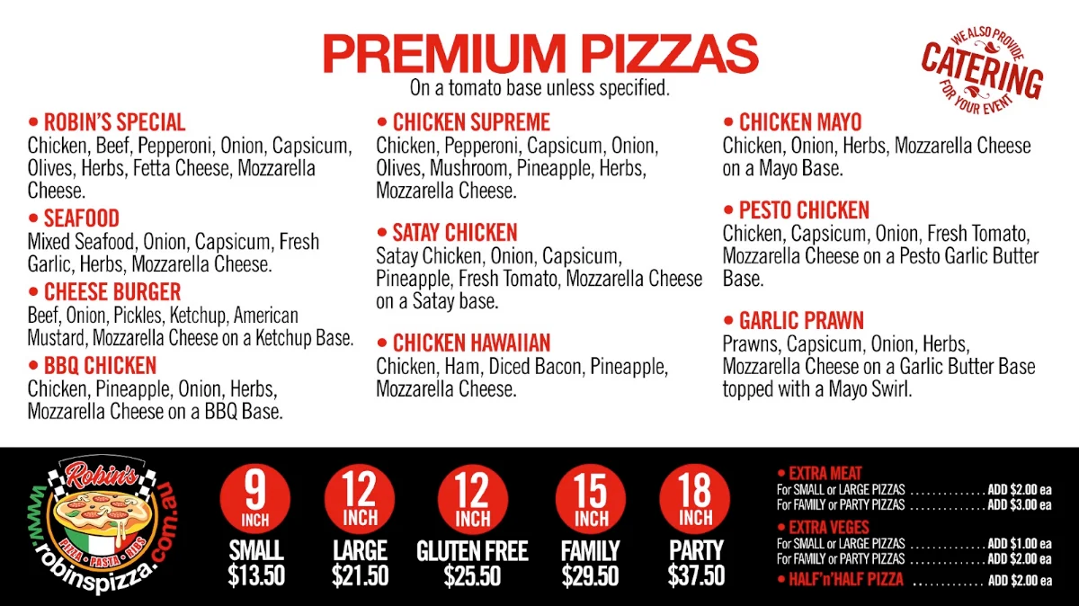 Menu, Robins Pizza, Pasta & Ribs