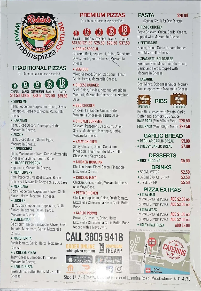 Menu, Robins Pizza, Pasta & Ribs
