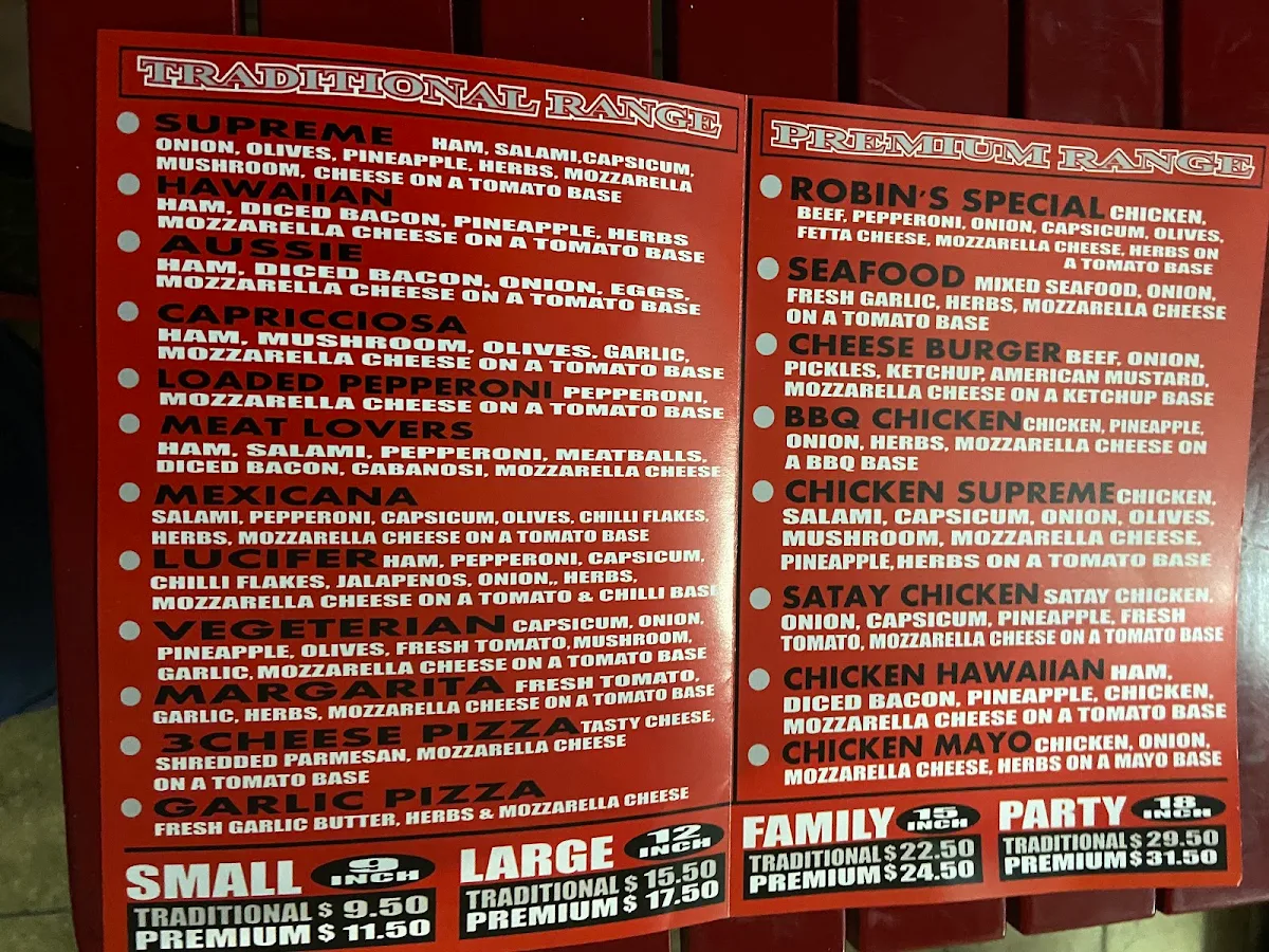 Menu, Robins Pizza, Pasta & Ribs